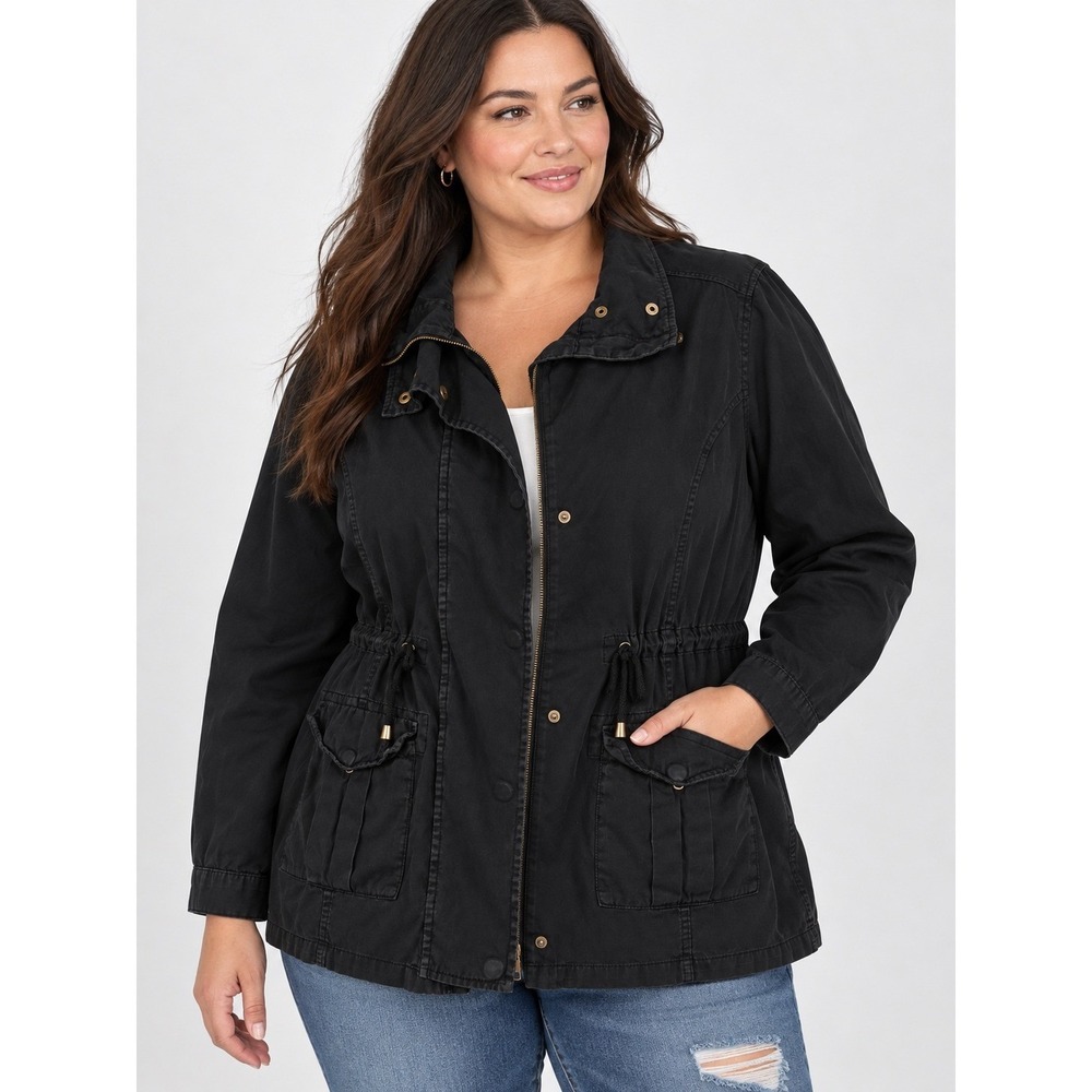 Torrid Women Black Cotton Utility Jacket Cinched Waist Field Coat Plus Size 2 2X
